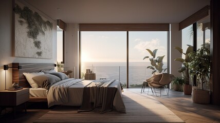 Fototapeta na wymiar Modern bedroom interior, windows overlooking the infinity Sea. Generative AI Technology 