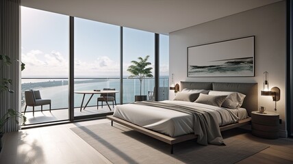 Obraz na płótnie Canvas Modern bedroom interior, windows overlooking the infinity Sea. Generative AI Technology 