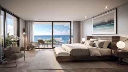 Modern bedroom interior, windows overlooking the infinity Sea. Generative AI Technology 