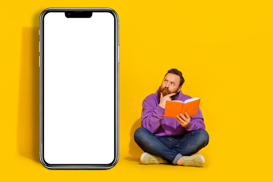 Full length photo of minded man hand touch chin look empty space ui menu panel isolated on yellow color background