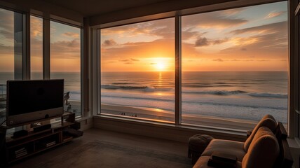 Inside a beach condo looking out into the ocean sunsetting reflective lighting. Interior. Generative AI Technology 