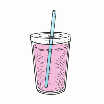 Pink cocktail or drink in plastic glasses outline colorful style vector art.