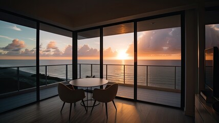 Inside a beach condo looking out into the ocean sunsetting reflective lighting. Interior. Generative AI Technology 