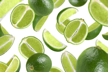 Levitation of lime slices isolated on transparent background.