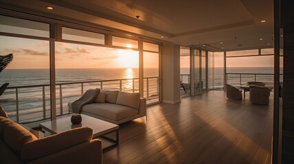 Inside a beach condo looking out into the ocean sunsetting reflective lighting. Interior. Generative AI Technology 