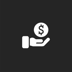Donation hand with money icon isolated on black  background. 