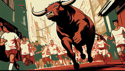 Running of the bulls festival Illustration. Generative AI
