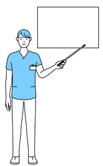 ホワイトボードを指示棒で指す男性看護師、理学療法士、作業療法士、言語聴覚士、看護助手