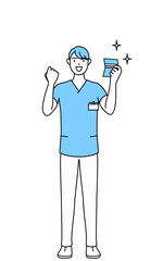 預金通帳を見て喜ぶ男性看護師、理学療法士、作業療法士、言語聴覚士、看護助手