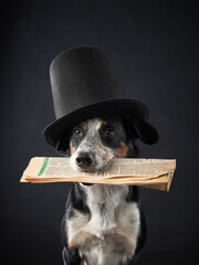 funny on dog in top hat and newspaper. Charming border collie. pet in the studio on black