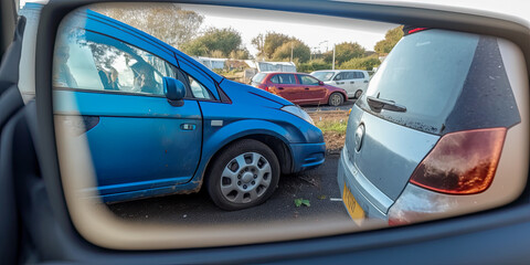 A car accident as seen from the side mirror - Generative AI