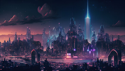 Fototapeta na wymiar Futuristic purple cityscape AI generated 