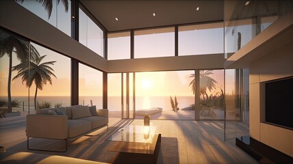 Fototapeta na wymiar Interior of modern vacation home with ocean views Palm tress and the sun. Generative AI Technology 