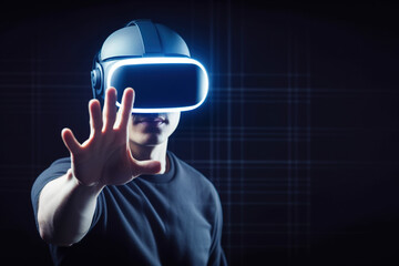 a man wearing a virtual reality headset touching the virtual object on blue tech background. Created with Generative AI Technology