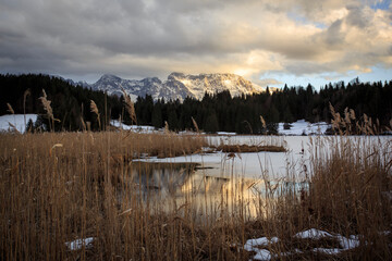Winter hike to Geroldsee lake y sunset, Bayern, Germany