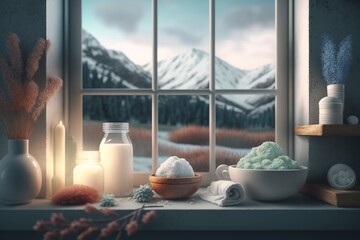 Composition with stones and spa accessories beside window with nature view. generative AI