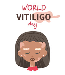 Portrait of a beautiful dark-skinned woman with vitiligo. Avatar of a young african girl. Body positivity concept. Love yourself. Banner for international Vitiligo Day.