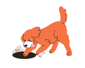 Cute dog digging hole with paws. Funny little puppy, canine animal. Happy excited pup, doggy exploring, finding, looking for smth. Search concept. Flat vector illustration isolated on white background