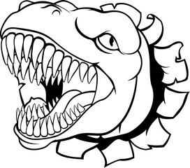 A dinosaur T Rex or raptor cartoon animal mascot tearing or ripping through the background