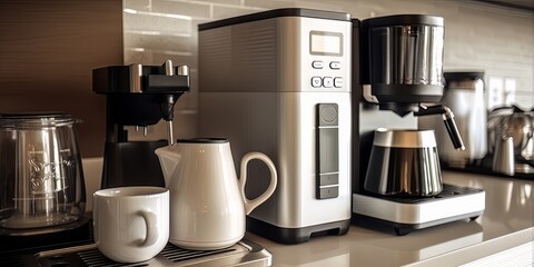 Coffee maker and coffee cup on a countertop, Generative AI.