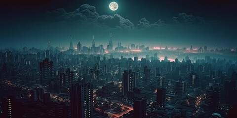 Cityscape at night with a full moon, Generative AI.