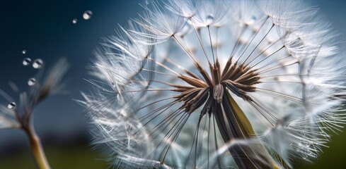 Dewy dandelion against blue sky and white clouds, Generative AI.