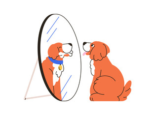 Cute dog dreamer looking at mirror reflection, imagining bone. Funny happy doggy, puppy dreaming, wishing food. Imagination concept. Flat graphic vector illustration isolated on white background