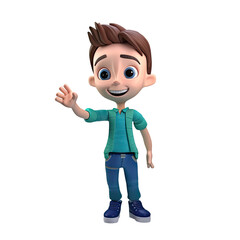 3D icon people kawaii cartoon of a smiling man waving his hand. Bright portrait of a teenage character isolated background transparent png. Generative ai