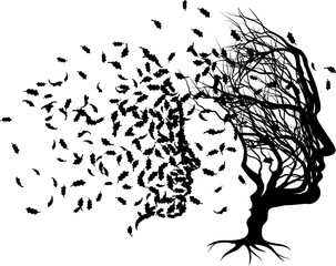 Optical illusion family tree. Father man, mother woman and child faces. Tree forms mans or fathers face, child formed by the negative space and mothers or womans by leaves. Many meanings as a concept.