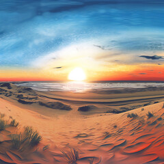 Fototapeta na wymiar Beautiful sunset panorama at the dune beach, nature, sea & ocean, Generative AI