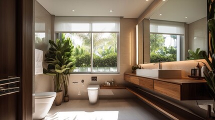 home interior design concept contemporary natural theme concept design bathroom bathtub with wooden material with garden view background, image ai generate