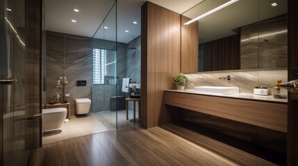 home interior design concept contemporary natural theme concept design bathroom bathtub with wooden material with garden view background, image ai generate