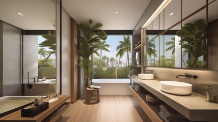 home interior design concept contemporary natural theme concept design bathroom bathtub with wooden material with garden view background, image ai generate