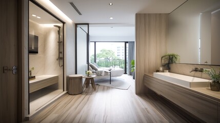 home interior design concept contemporary natural theme concept design bathroom bathtub with wooden material with garden view background, image ai generate