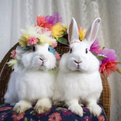 Fototapeta na wymiar two white rabbits in a basket with colorful flowers