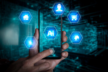 Ai technology concept. Man uses holographic interface business analytics and global technology.