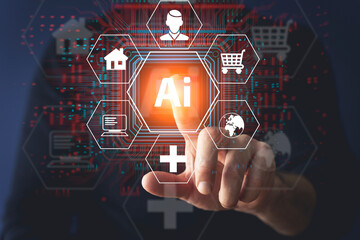 Ai technology concept. Man uses holographic interface business analytics and global technology.