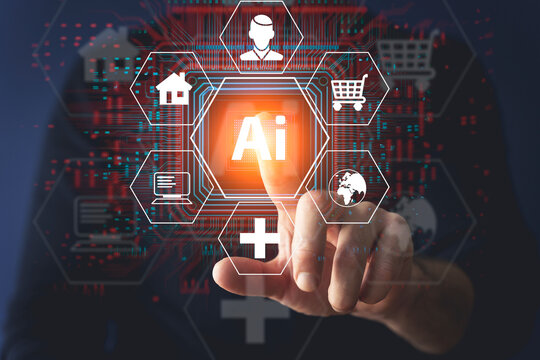 Ai technology concept. Man uses holographic interface business analytics and global technology.