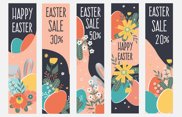 Happy easter sale banners. Spring flowers with the easter eggs and rabbit ears on pink and dark background.