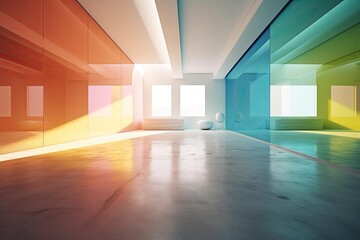 Obraz premium an empty room with colorful walls and a toilet in the corner. Generative AI