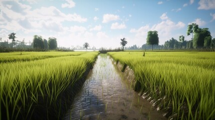 Obraz premium Paddy Field showing growing rice after first rains of the rainy season. Generative ai