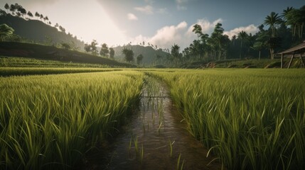 Obraz premium Paddy Field showing growing rice after first rains of the rainy season. Generative ai
