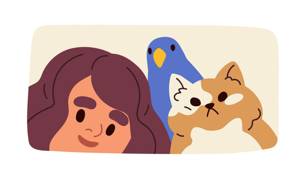 Pet owner and cute animals peeping. Peeking looking woman and funny cat, parrot, selfie portrait. Curious suspicious characters, girl, bird, kitty watching, wondering. Flat vector illustration
