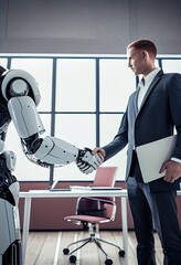 man an ai robot work together, man and android waiting for job interview , AI based