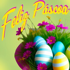 Feliz Páscoa - Happy Easter - Pink writing Portuguese  with wicker basket with decorated eggs   - png - image, poster, billboard, banner, postcard, ticket, printable	
