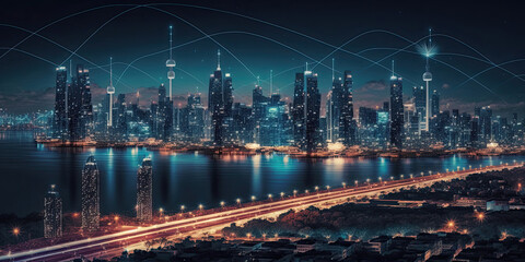 Fototapeta na wymiar Wireless network connection in modern city - Generative AI