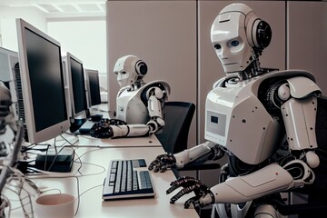 man an ai robot work together, man and android waiting for job interview , AI based