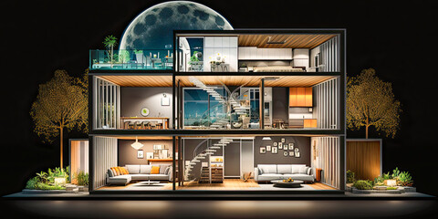 Modern home cross-section at night. Cozy and comfortable living spaces - Generative AI