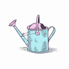 Blue and pink watering can hand drawn outline flat style.