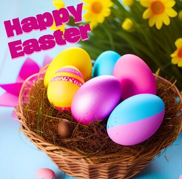 Happy Easter - purple writing with wicker basket with decorated eggs  - blue background - png - image, poster, billboard, banner, postcard, ticket, printable	